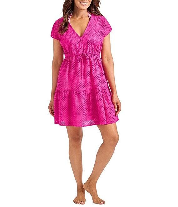Tommy Bahama Organic Cotton Eyelet Cove V-Neck Swim Cover-Up Dress Product Image