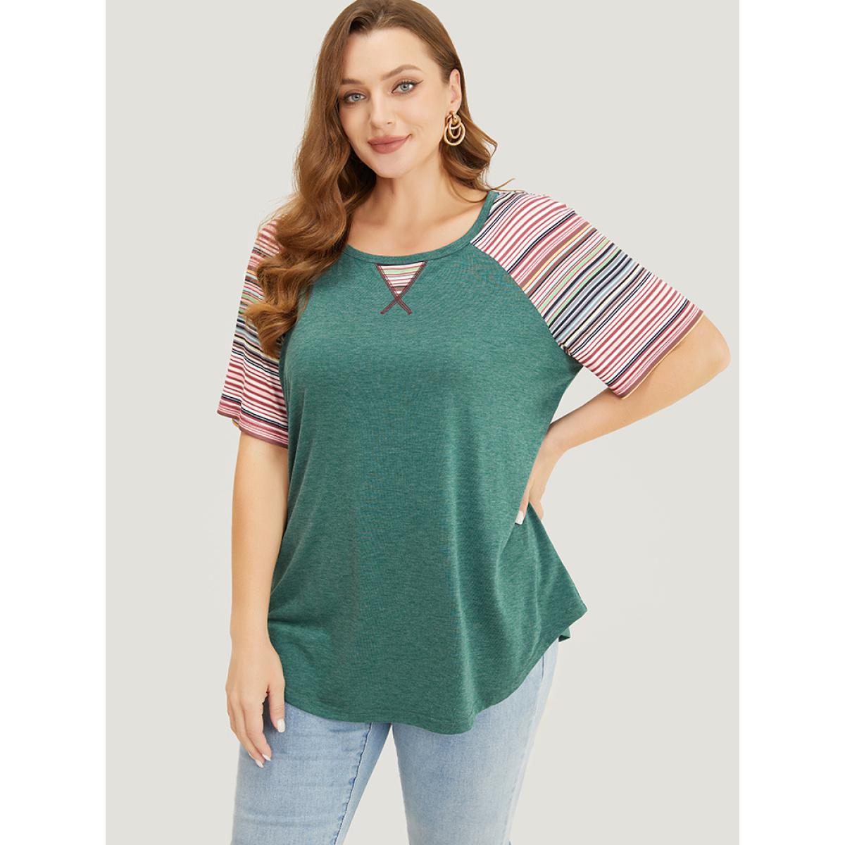 Plus Size Supersoft Essentials Striped Contrast Raglan Sleeve Curved Hem T-shirt DarkGreen Women Casual Contrast Plain Round Neck Everyday T-shirts BloomChic 30/6X Product Image