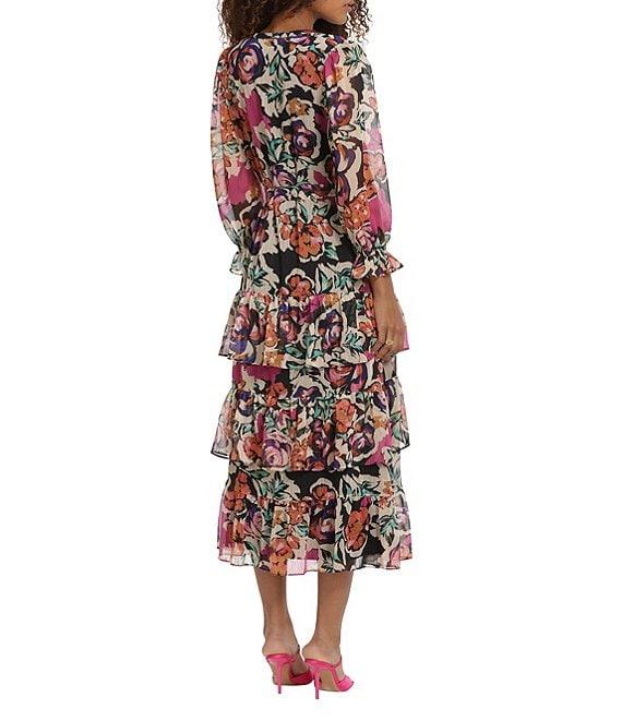 Donna Morgan Printed V Neckline Long Sleeve Tiered Midi Dress Product Image