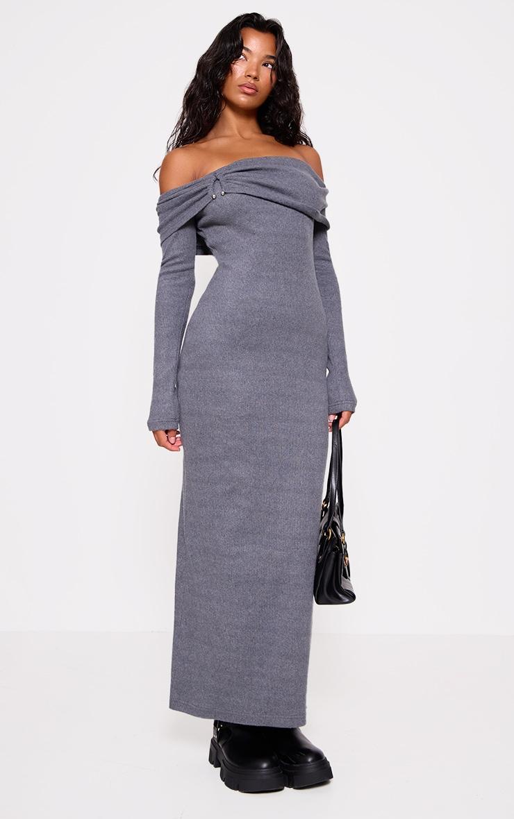 Charcoal Heavy Brushed Rib Bardot Trim Maxi Dress Product Image