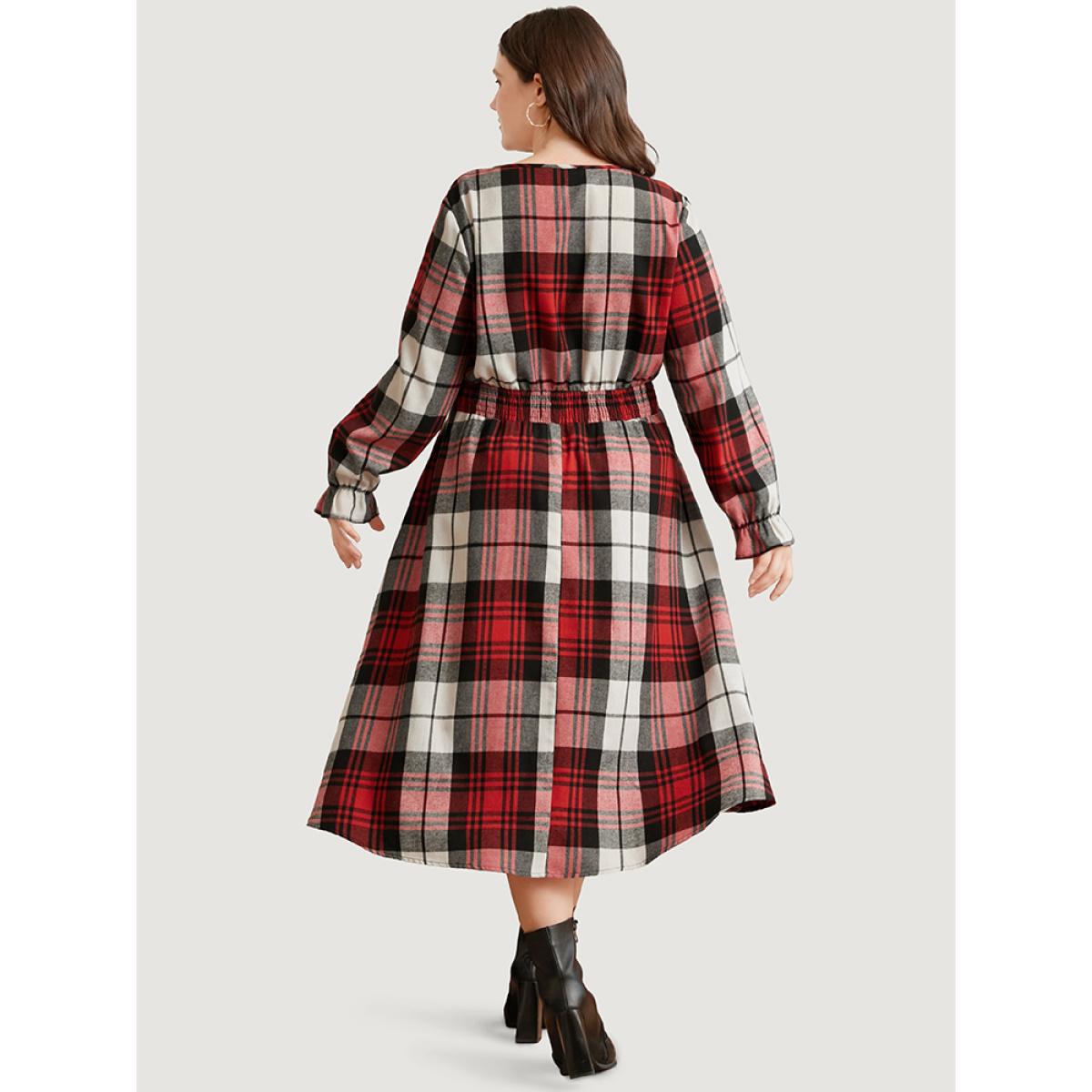 Plus Size Plaid Shirred Pocket Lantern Sleeve Wrap Midi Dress Without Belt Scarlet Women Elegant Wrap Overlap Collar Long Sleeve Curvy Midi Dress BloomChic 26/4X Product Image
