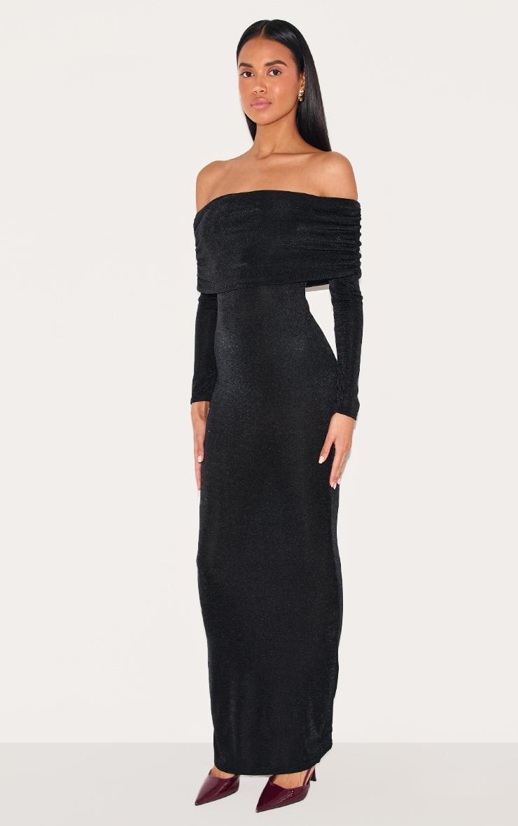 Black Acetate Slinky Bardot Long Sleeve Maxi Dress Product Image