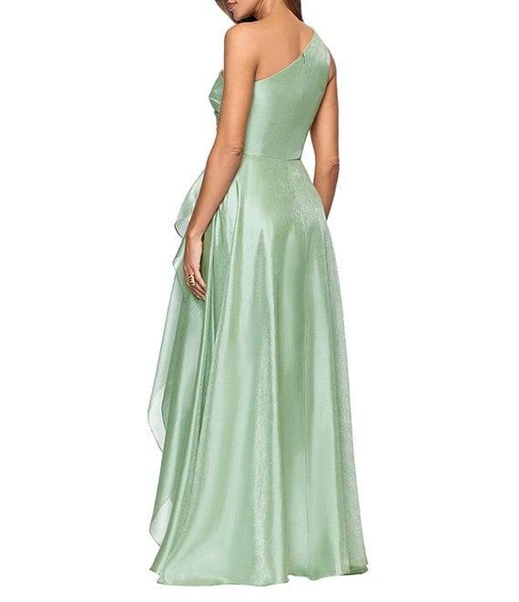 Xscape One Shoulder Cascading Side Ruffle Organza A-Line Maxi Dress Product Image