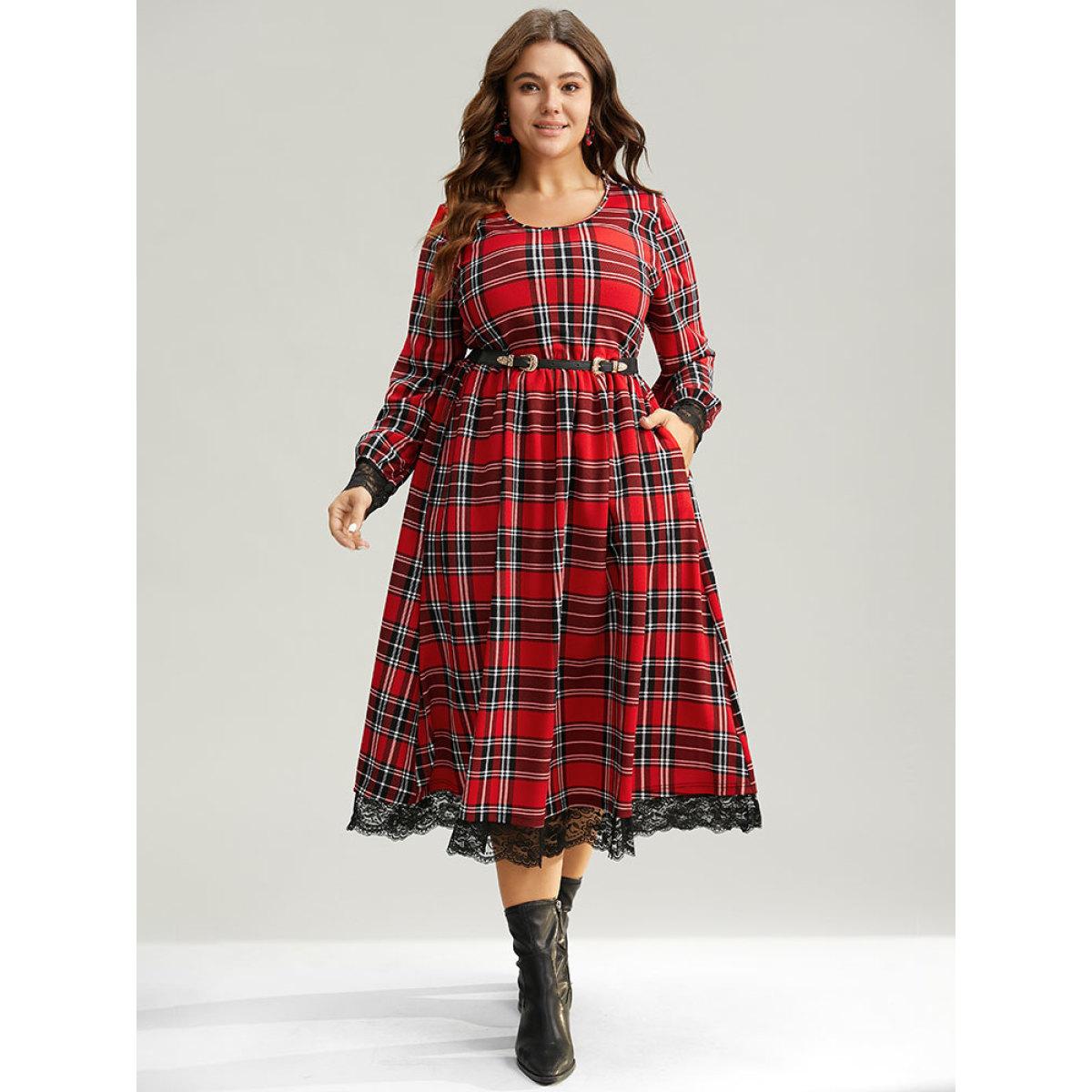 Plus Size Plaid Guipure Lace Elastic Waist Gathered Dress Raspberry Women Casual Printed Round Neck Long Sleeve Curvy Midi Dress BloomChic 14-16/1X Product Image