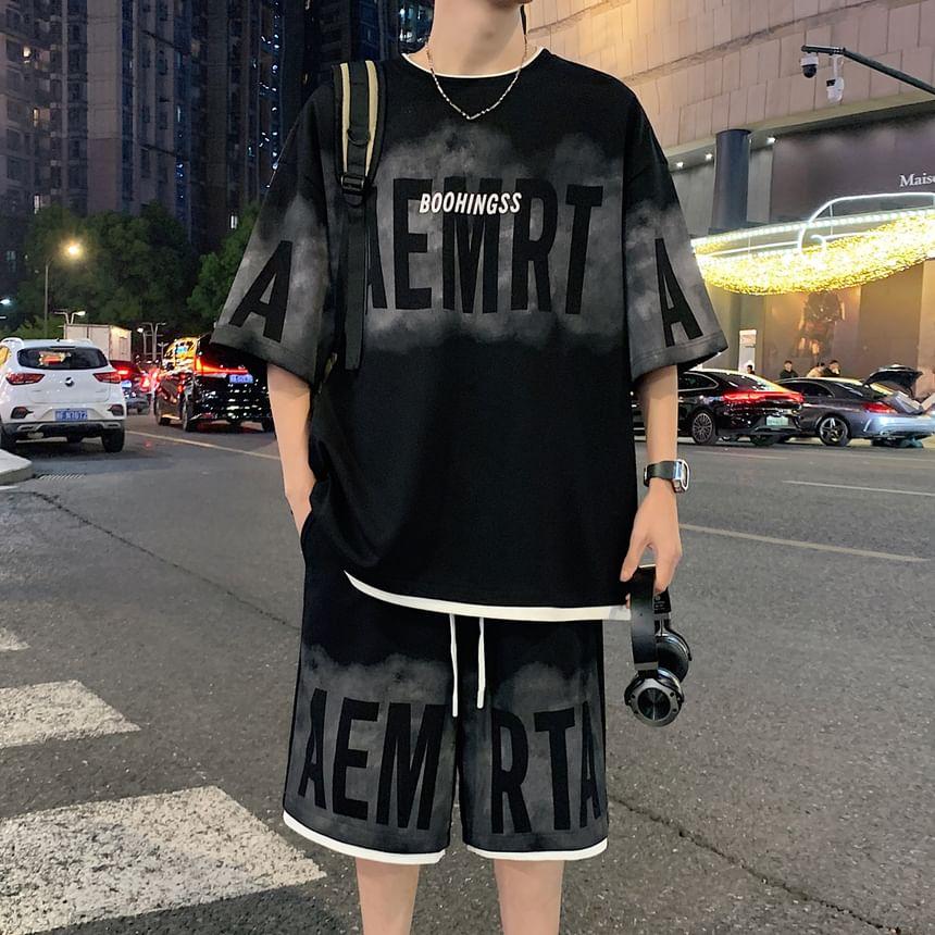 Set: Elbow-Sleeve Crewneck Lettering T-Shirt + Sweatshorts Product Image