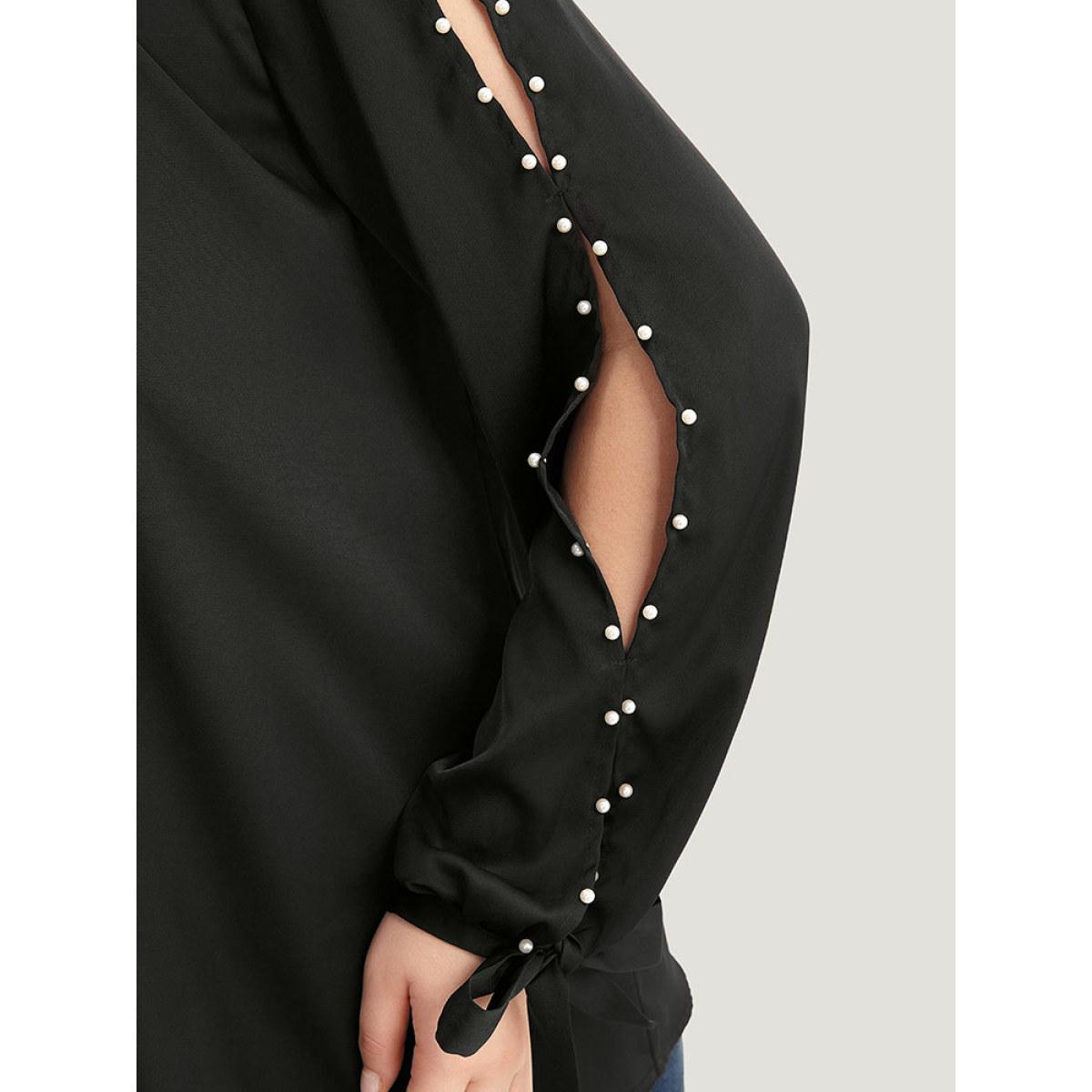 Plus Size Black Anti-Wrinkle Pearl Beaded Ties Cut Out Blouse Women Office Long Sleeve Halter neck Office Blouses BloomChic 18-20/2X Product Image
