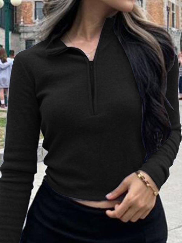 Solid Color Ribbed Zip Up Crop Long Sleeve Knit Product Image