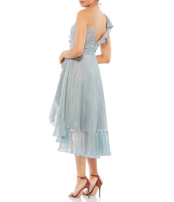 Mac Duggal Faux Wrap Ruffle V-Neck Cap Sleeve Spaghetti Strap Tiered High-Low Hem Midi Dress Product Image