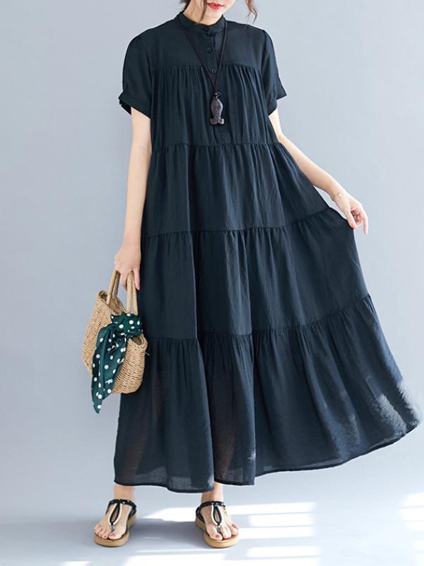 Vintage Loose Split-Joint Pleated Short Sleeves Round-Neck Midi Dress Product Image