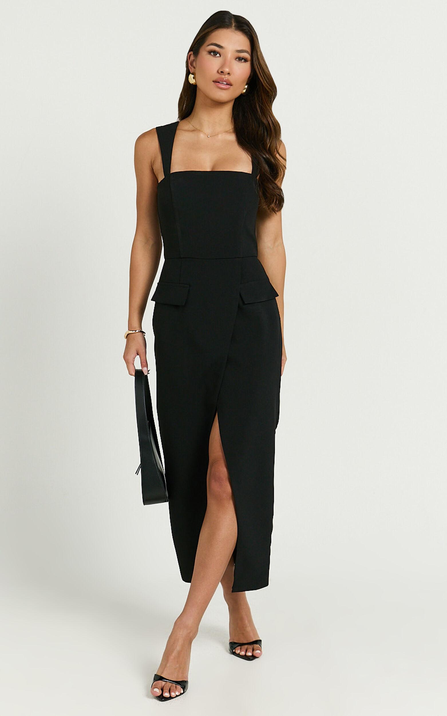 Garcia Midi Dress - Square Neck Wide Straps Fitted Wrap Skirt Dress in Black Product Image