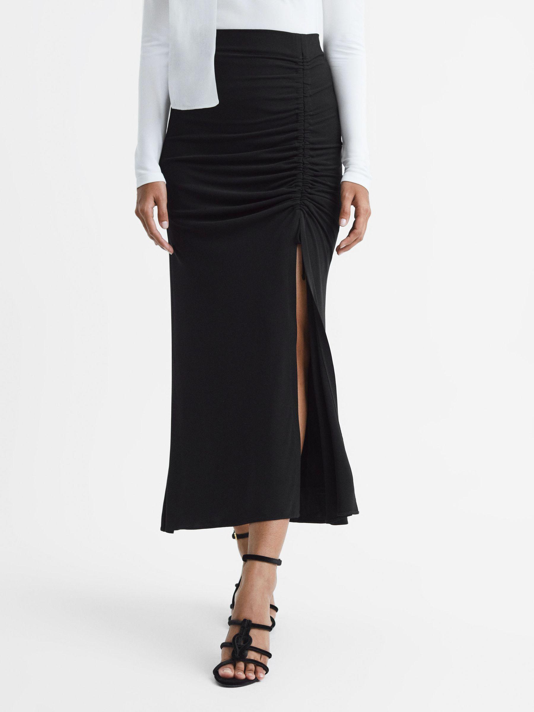 High Rise Ruched Fitted Midi Skirt in Black Product Image