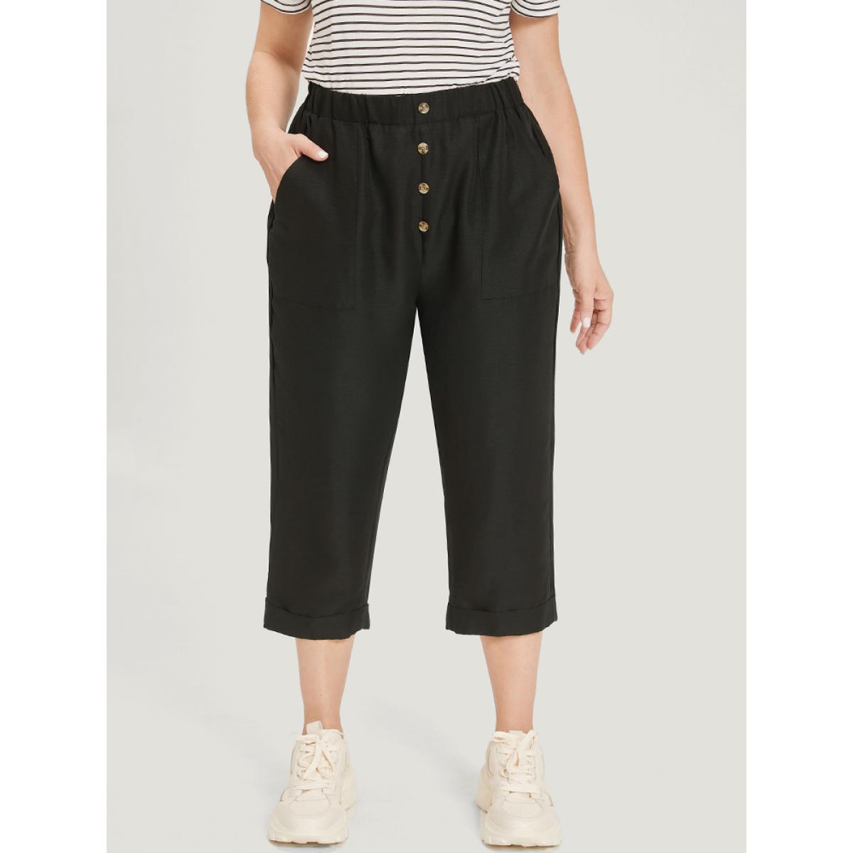 Plus Size Solid Pocket Button Detail Elastic Waist Pants Women Black Casual High Rise Dailywear Pants BloomChic 10/M Product Image