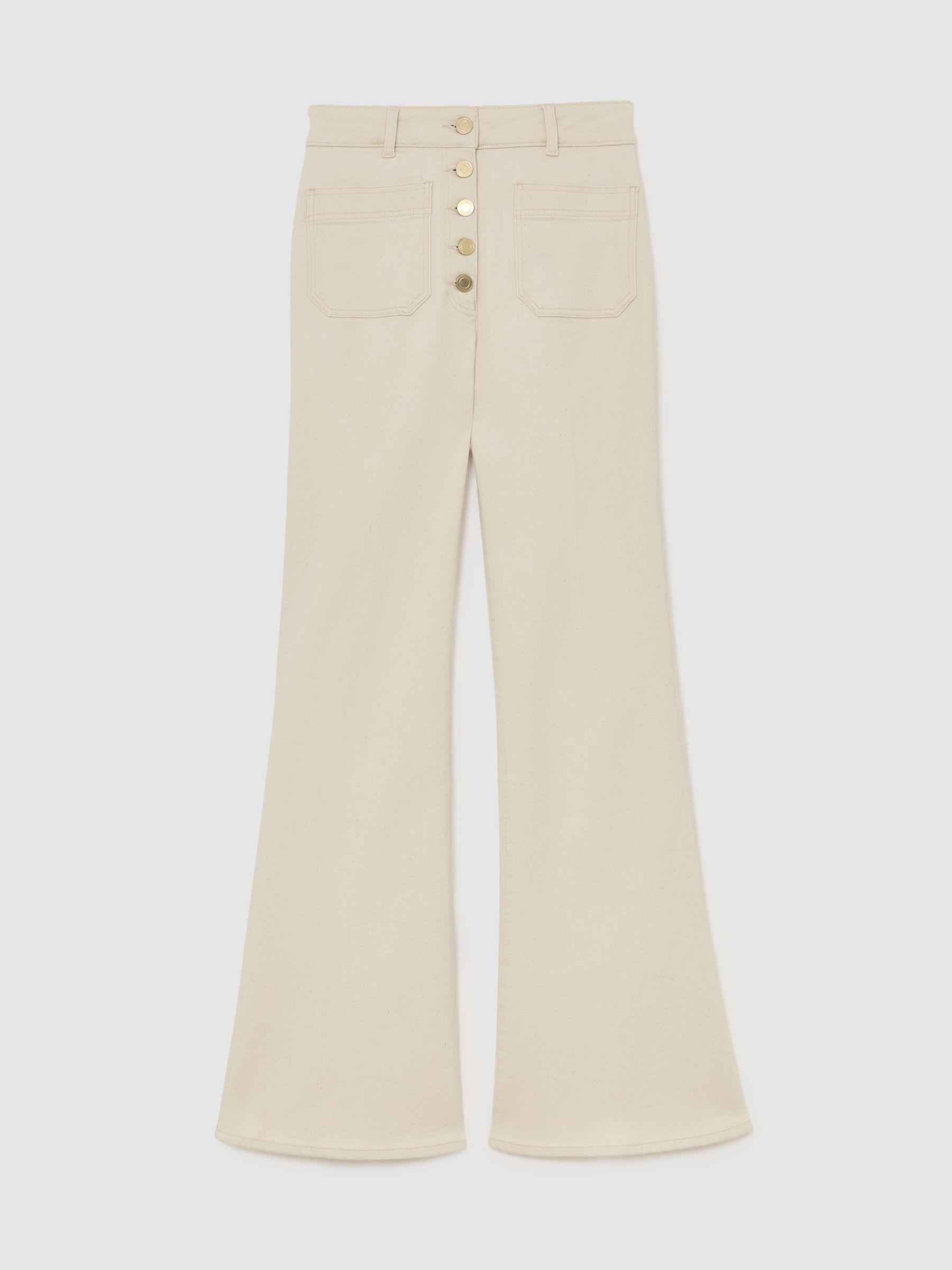 Twin-Pocket Button Flared Jeans in Light Brown Product Image
