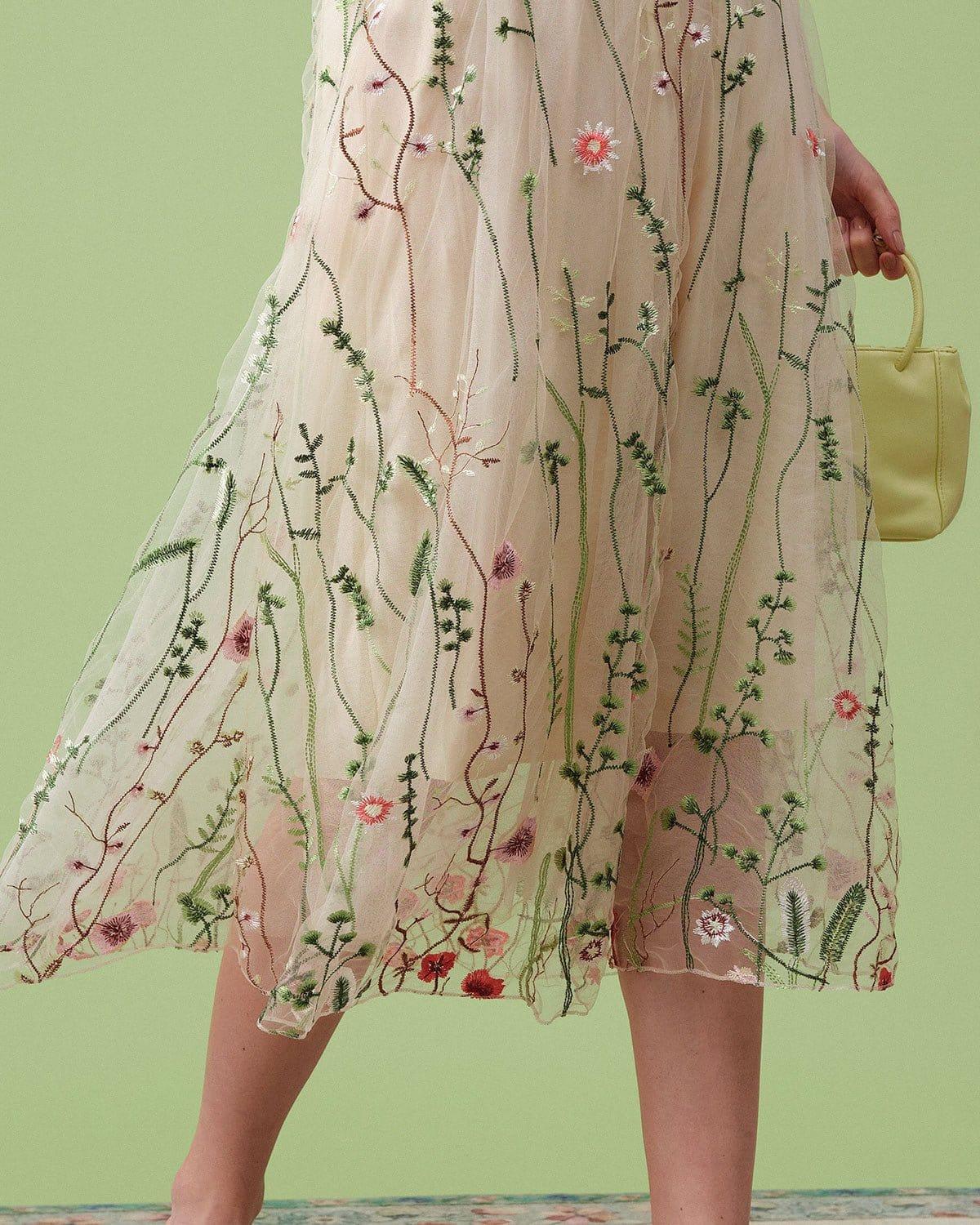 The High Waisted Floral Embroidery A-line Midi Skirt Female Product Image