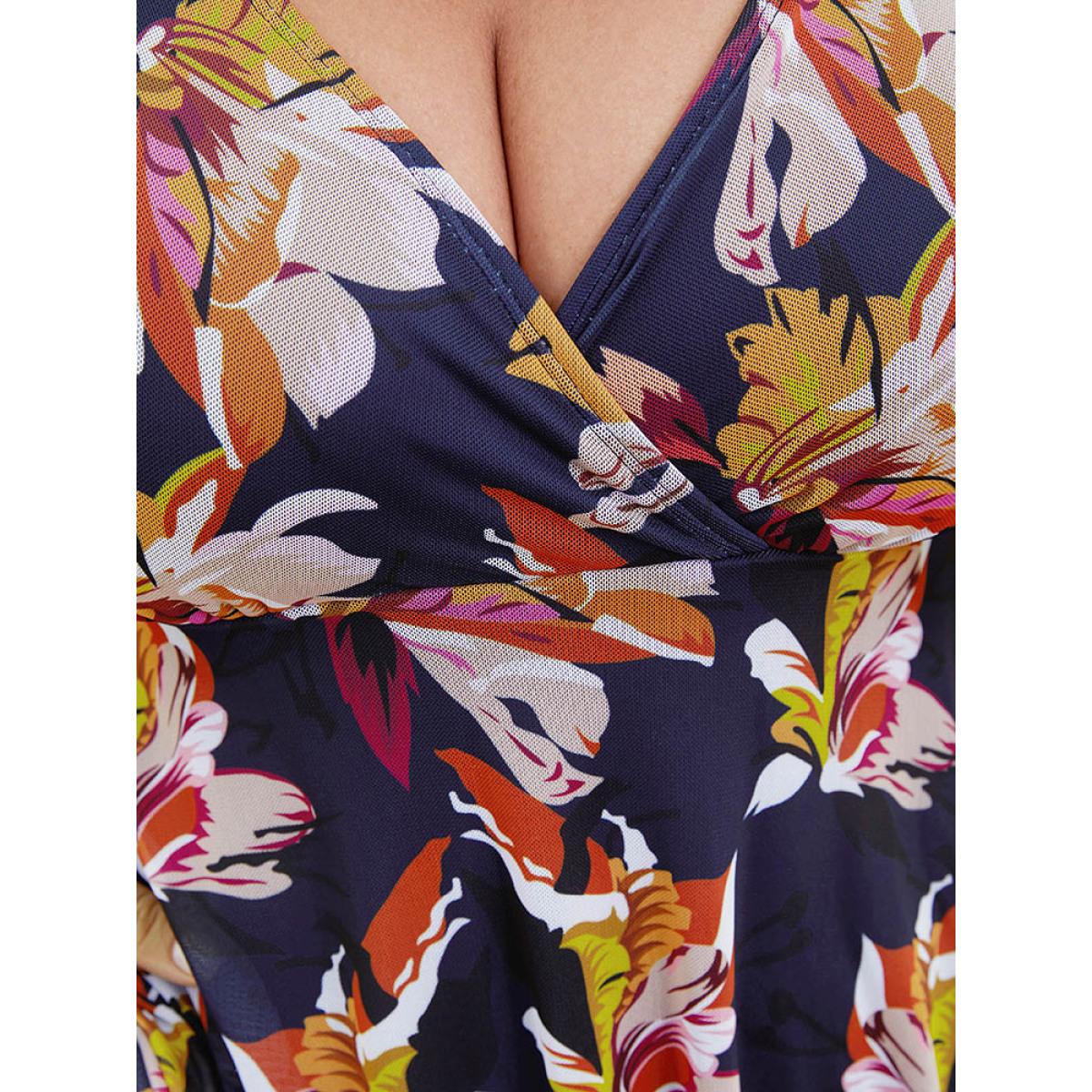 Plus Size Floral Mesh Surplice Neck Ruffles Swim Dress Women's Swimwear Indigo Vacation Bodycon V-neck High stretch Curve Swim Dresses BloomChic 26/4X Product Image