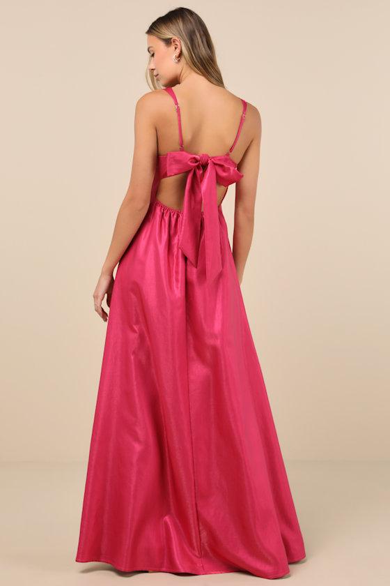 Immaculate Aura Shiny Magenta Taffeta Maxi Dress With Pockets Product Image
