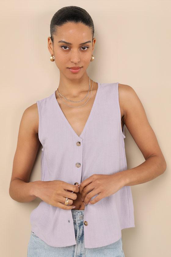 Casually Sophisticated Lilac Linen Sleeveless Button-Front Top Product Image