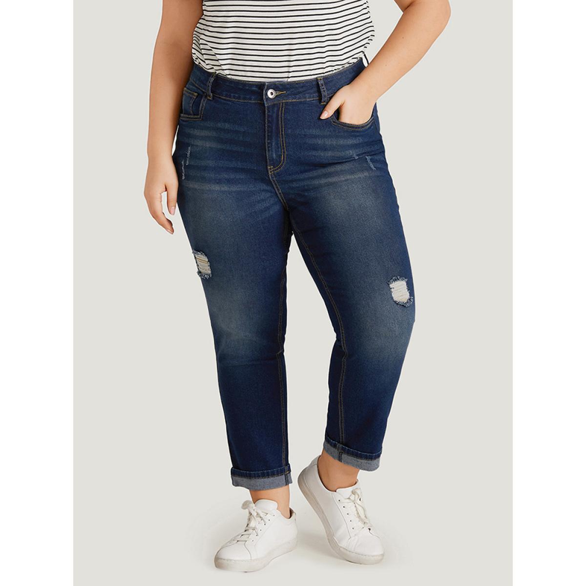 Plus Size Ripped Roll Hem Pocket Very Stretchy Jeans Women Indigo Casual Plain Plain High stretch Jeans BloomChic 10/M Product Image