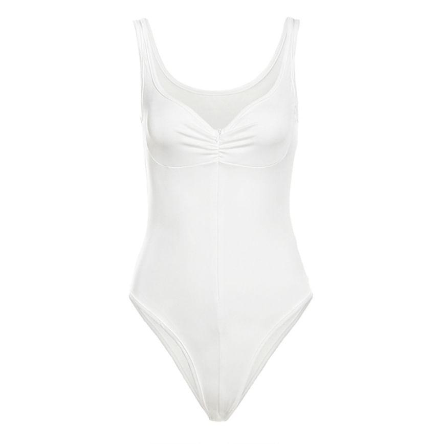 Sleeveless V-Neck Plain Ruched Zip Bodysuit Top Product Image