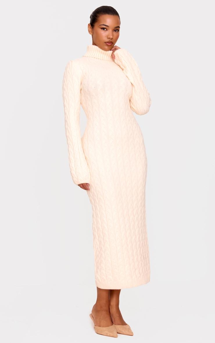Oatmeal Chunky Cable Knit Roll Neck Maxi Sweater Dress Product Image
