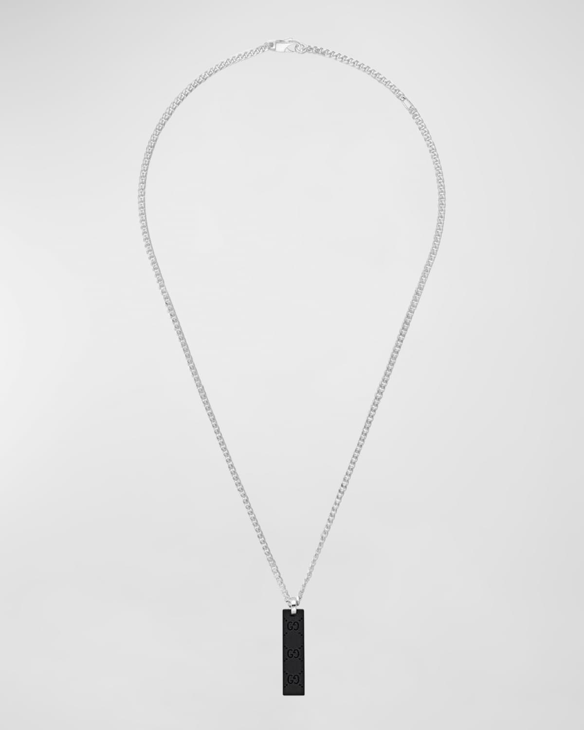 Mens Sterling Silver & Leather Tag Pendant Necklace Product Image