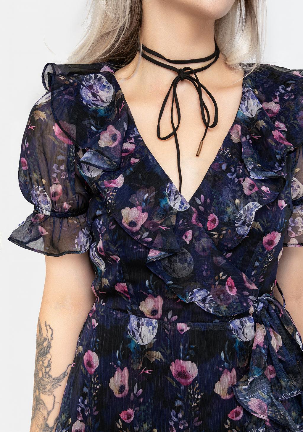 Socordia Floral Moon Chiffon Frill Wrap Mini Dress Product Image