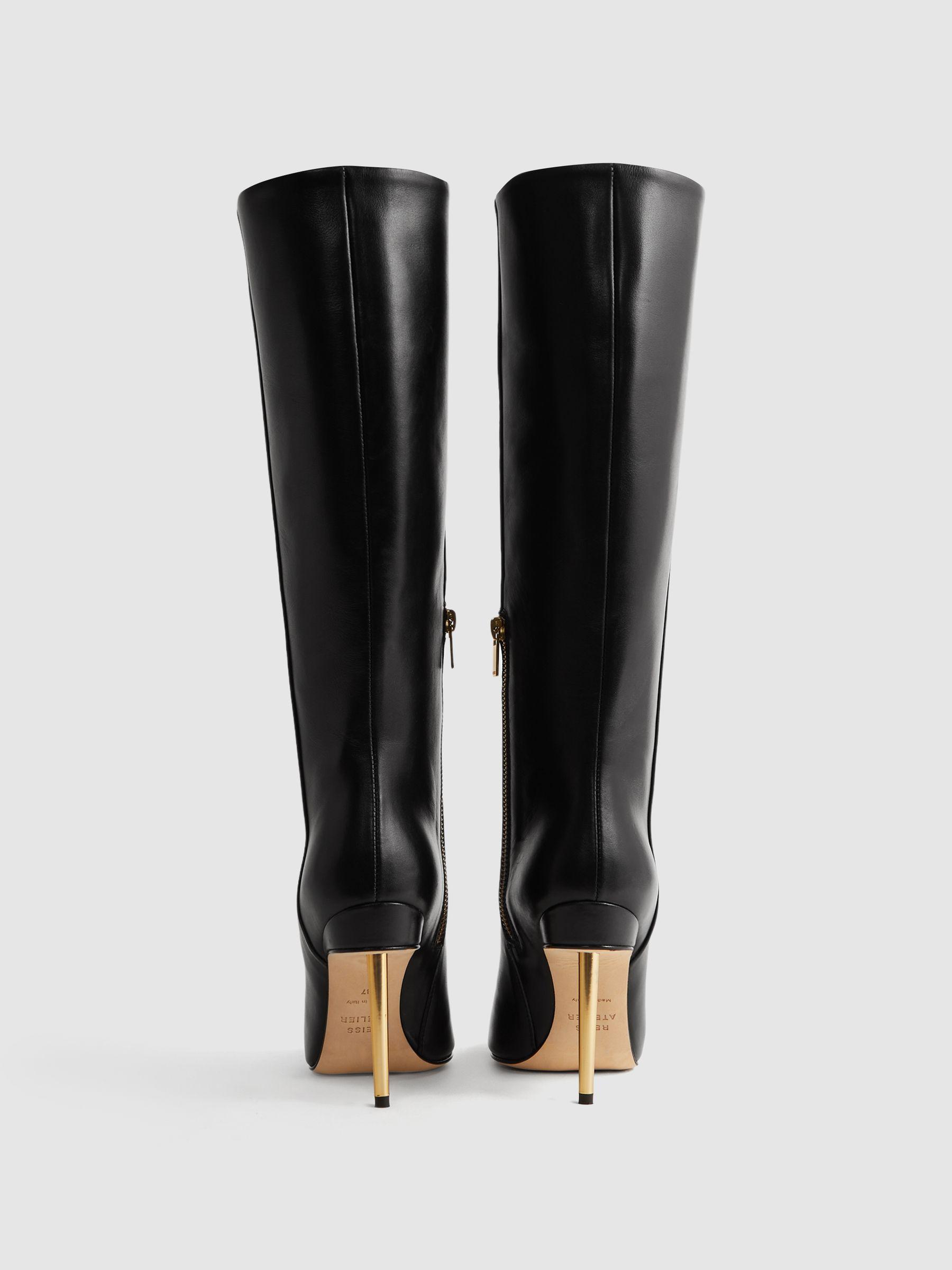 Italian Leather Heeled Knee-High Boots in Black Product Image