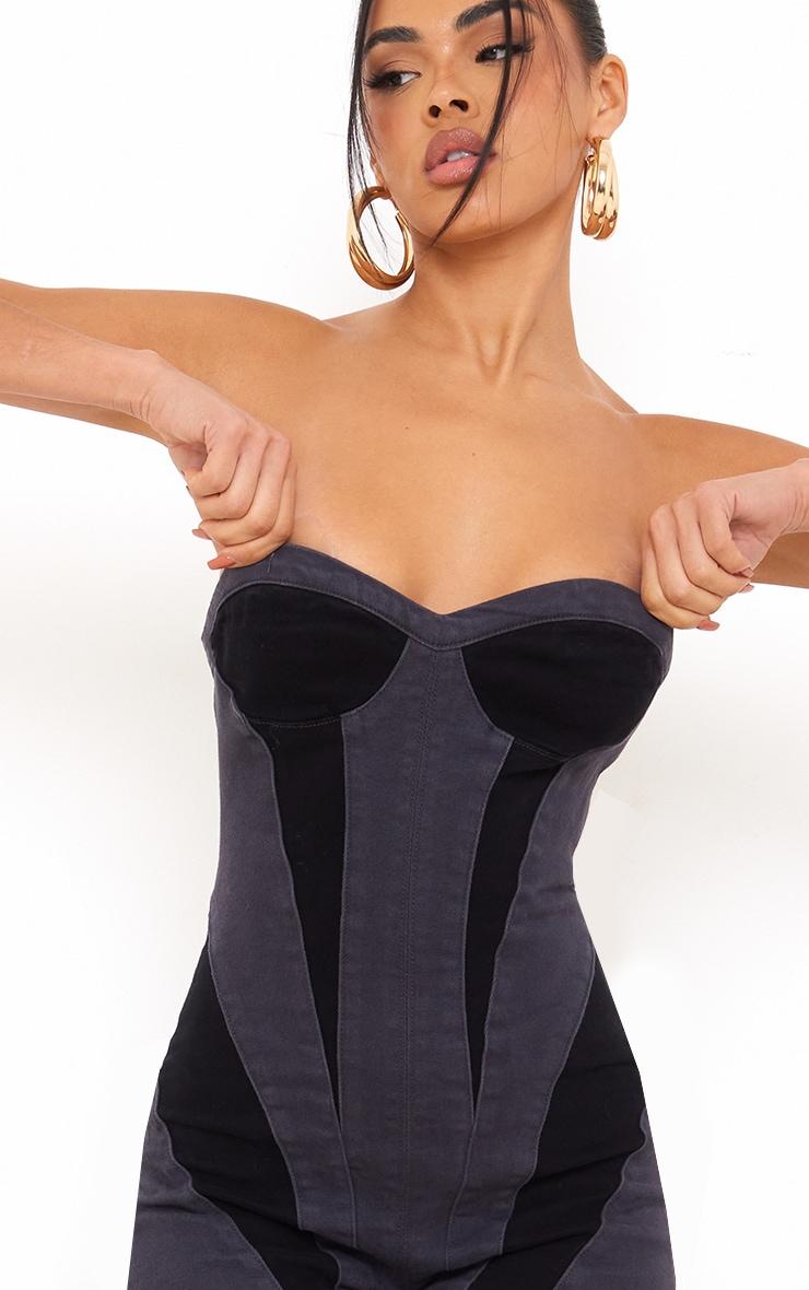 Black Contrast Panel Detail Denim Jumpsuit Product Image