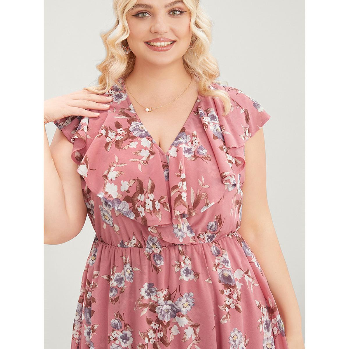 Plus Size Floral Print Ruffle Trim Pocket Sleeveless Wrap Dress DustyPink Women Elegant Elastic Waist Overlap Collar Sleeveless Curvy Midi Dress BloomChic 30/6X Product Image