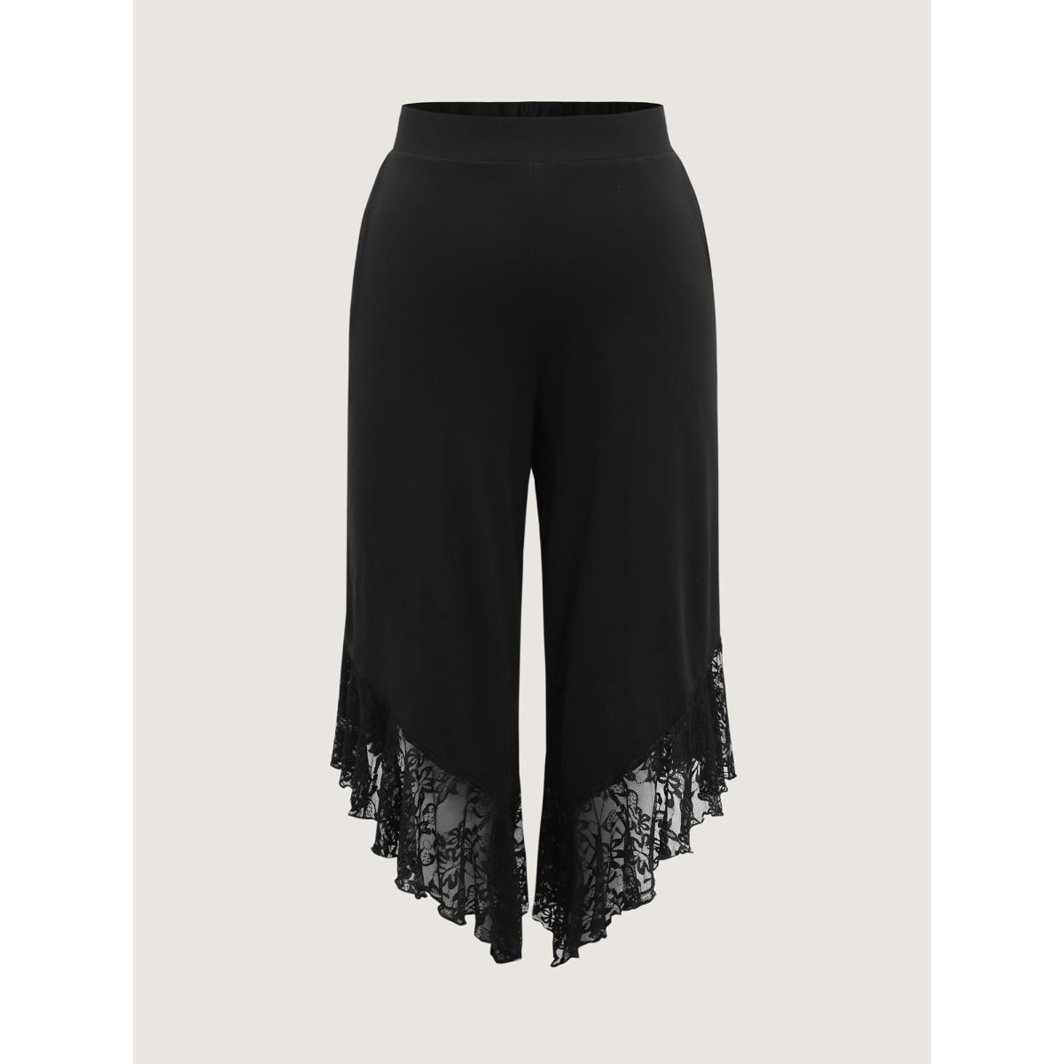 Plus Size Lace Sheer Hem Wide Leg Pants Women Black Romantic Loose Mid Rise Elegant Pants BloomChic 12/L Product Image