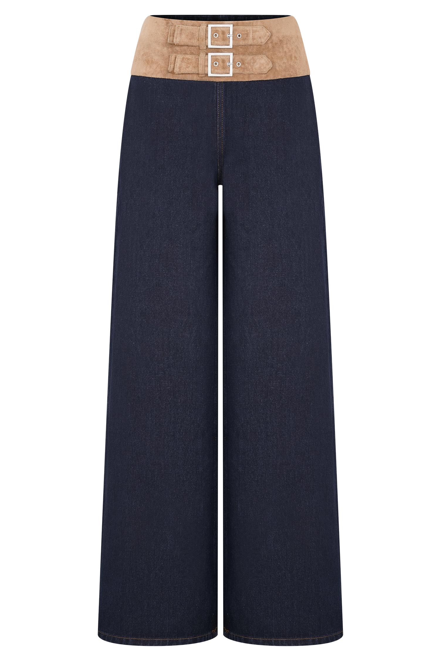 Miranda Faux Suede Belted Denim Wide Leg Jeans - Indigo Blue Product Image
