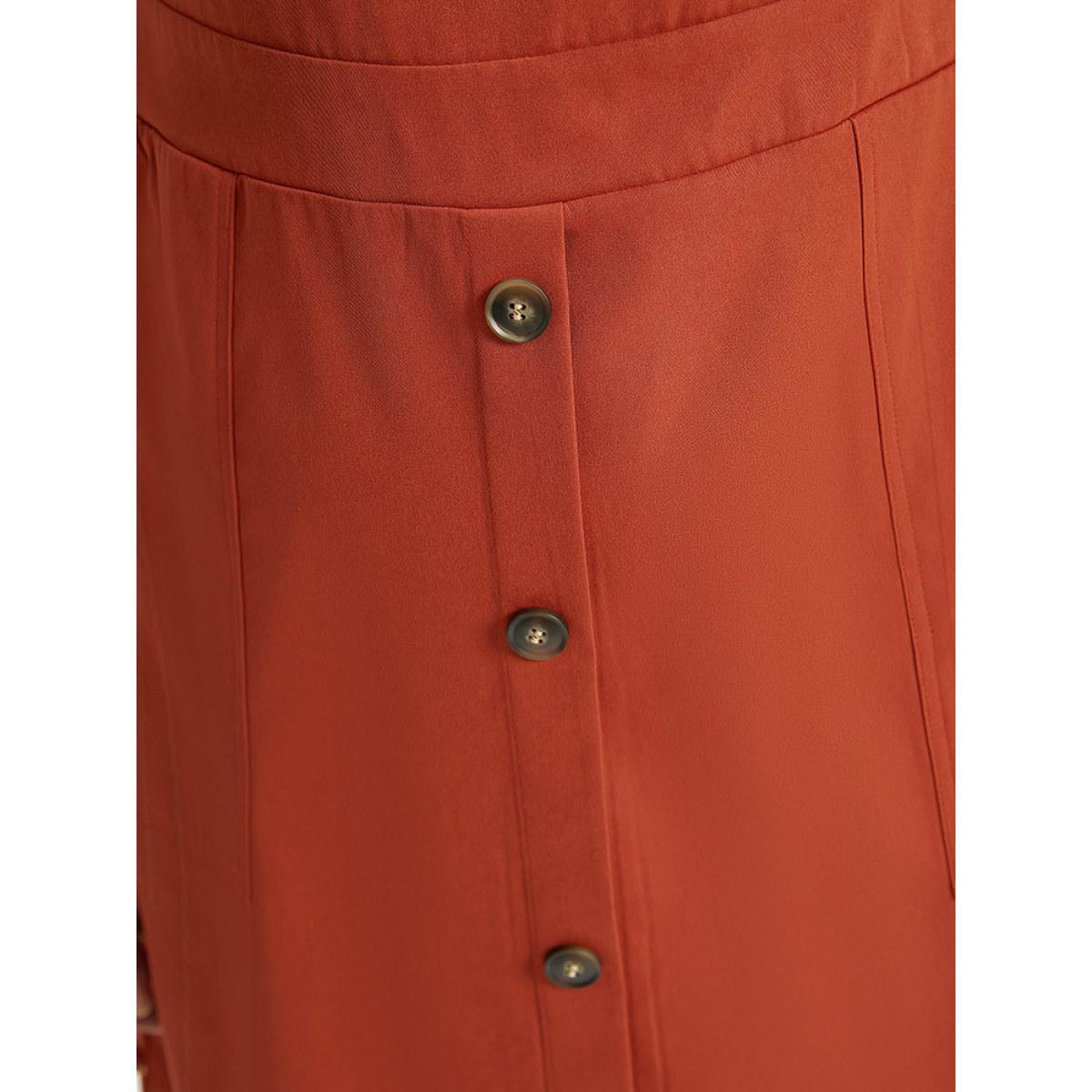 Plus Size Plain Button Up Pocket Suspender Skirt Brown Women Casual Adjustable Straps Spaghetti Strap Sleeveless Curvy Knee Dress BloomChic 10/M Product Image