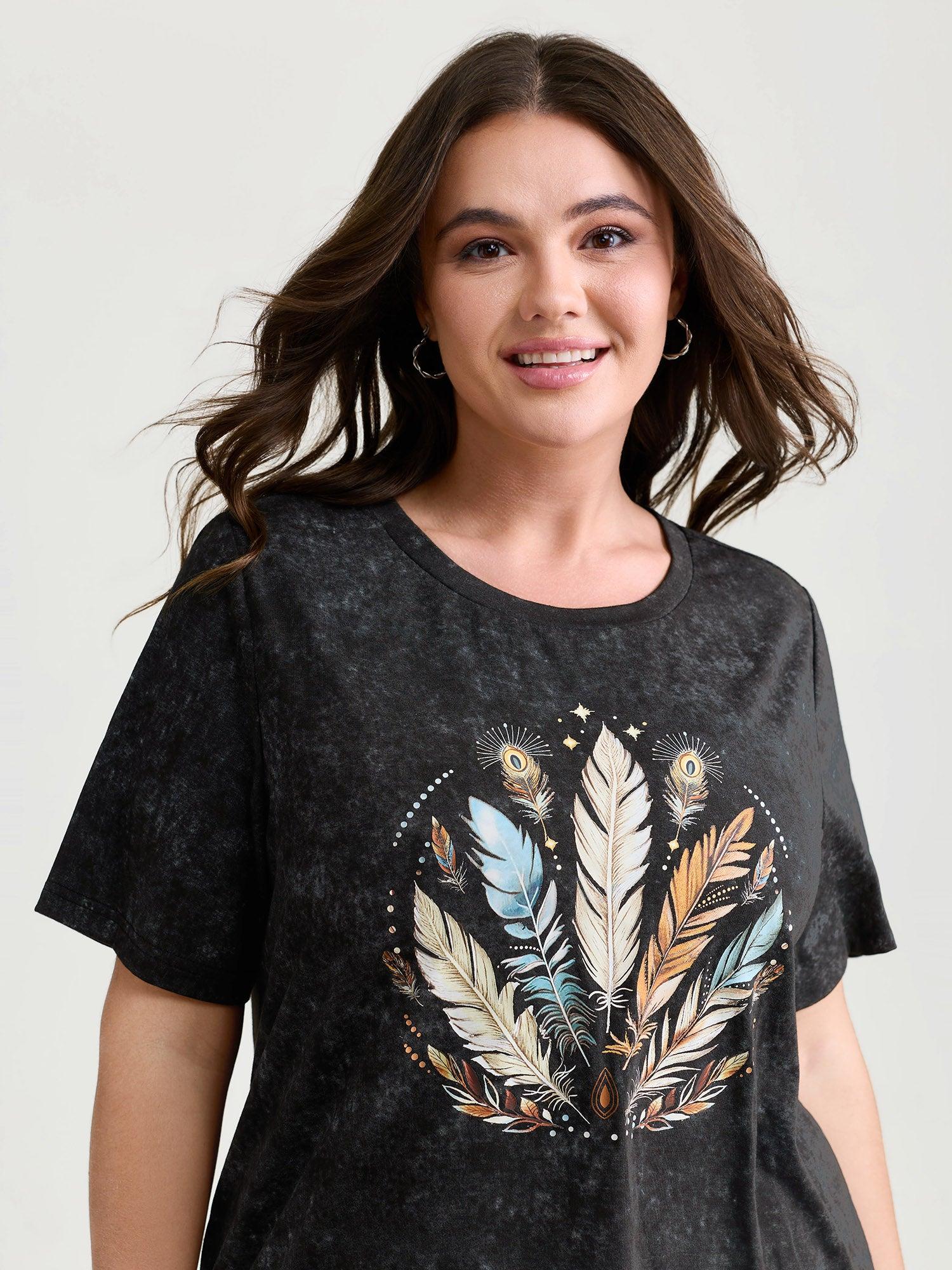 Supersoft Stretchy Feather Print Snowflake Effect T-Shirt Female Product Image