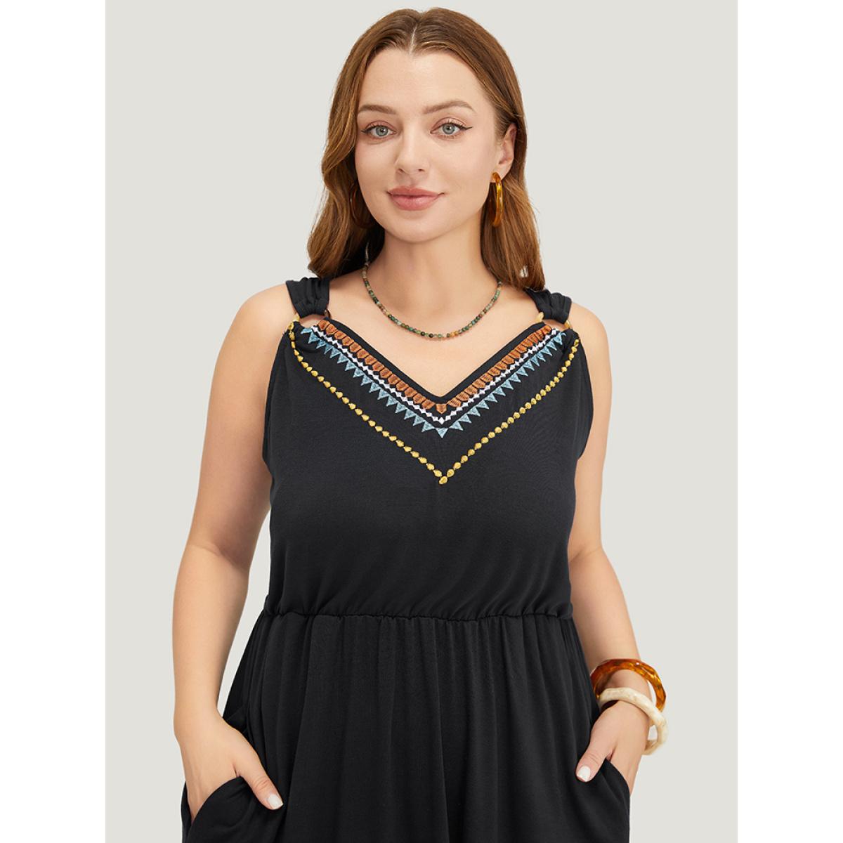 Plus Size Geometric Embroidered Buckle Detail Pocket Ruffle Hem Cami Dress Black Women Vacation Embroidered V-neck Sleeveless Curvy Midi Dress BloomChic 22-24/3X Product Image