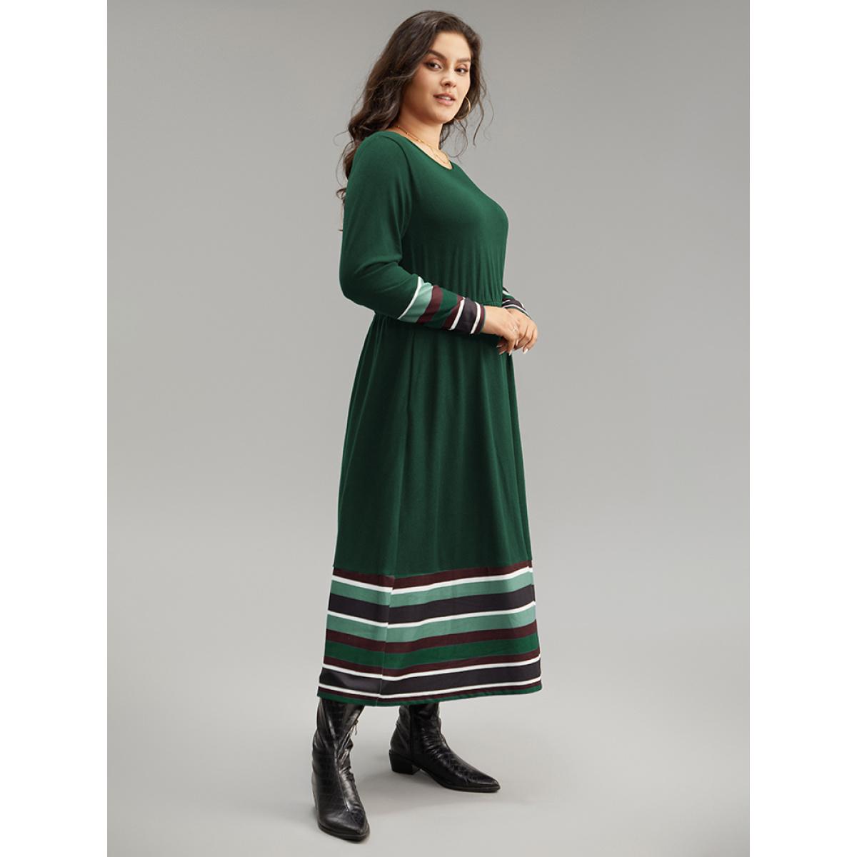 Plus Size Striped Patchwork Contrast Crew Neck Dress DarkGreen Women Casual Contrast Round Neck Long Sleeve Curvy Midi Dress BloomChic 12/L Product Image