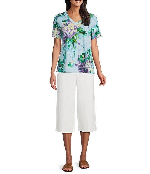 Westbound Distressed Foulard Print Short Sleeve V-Neck Top Product Image