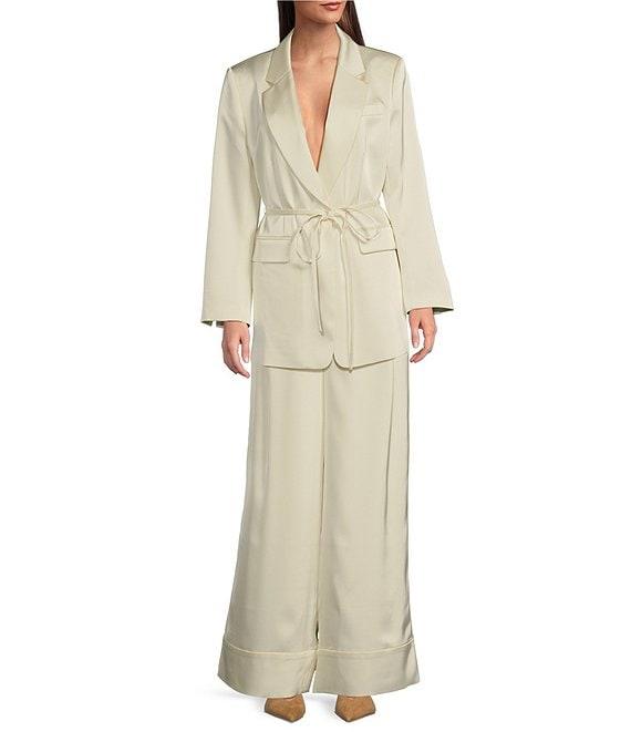 Le' AL.X Woven Satin High Rise Pleated Front Tall Cuff Full Length Wide Leg Coordinating Trousers Product Image