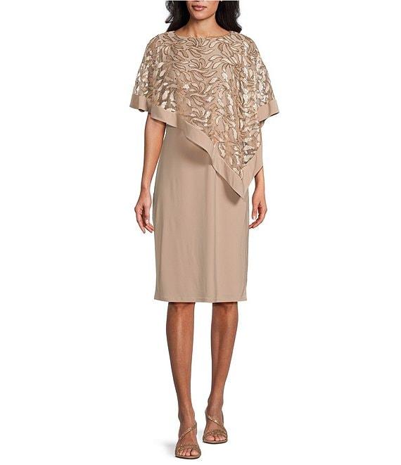 R & M Richards Petite Size Crew Neck Short Sleeve Embroidered Sequin Poncho Overlay Sheath Dress Product Image
