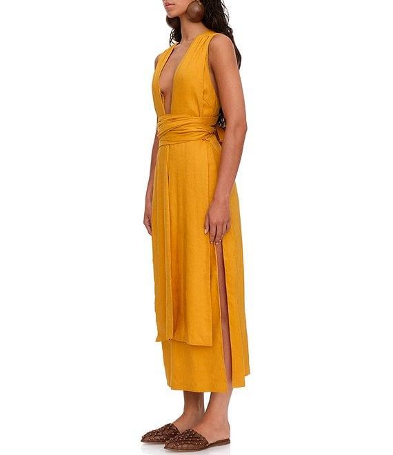 Andrea Iyamah Zado Linen Blend Deep V-Neck Sleeveless Panel Side Slit Gathered Tie Waist Wrap Maxi Dress Product Image