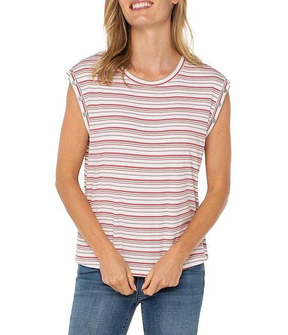 Liverpool Los Angeles Petite Size Knit Stripe Print Scoop Neck Sleeveless Top Product Image