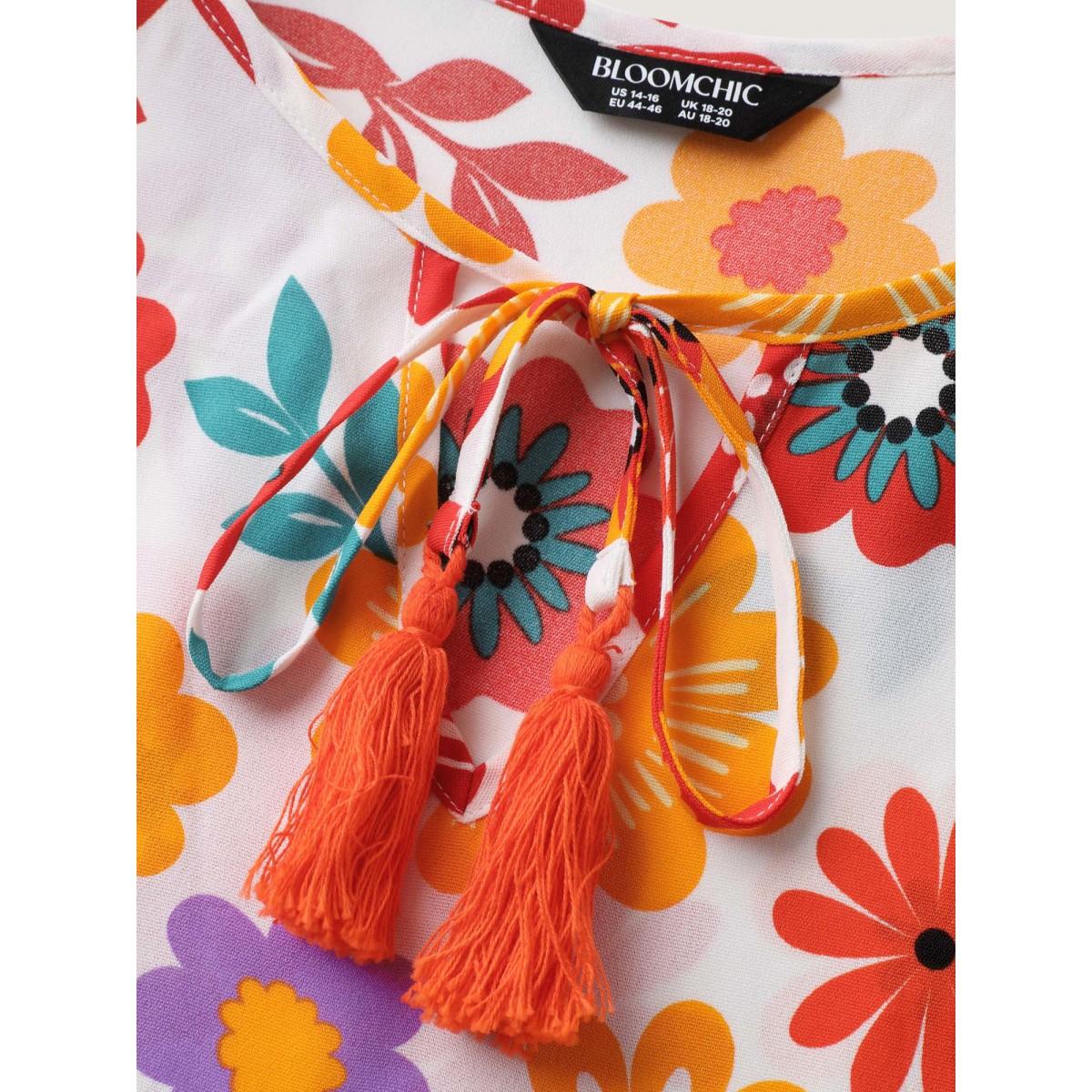 Plus Size WhiteSmoke Floral Print Neck-Tie Babydoll Top Women Resort Short sleeve Non Vacation Blouses BloomChic 28/5X Product Image