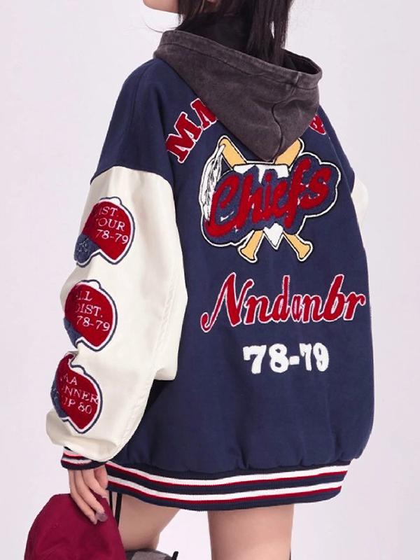 Contrast Color Flocking Print Varsity Jacket Product Image
