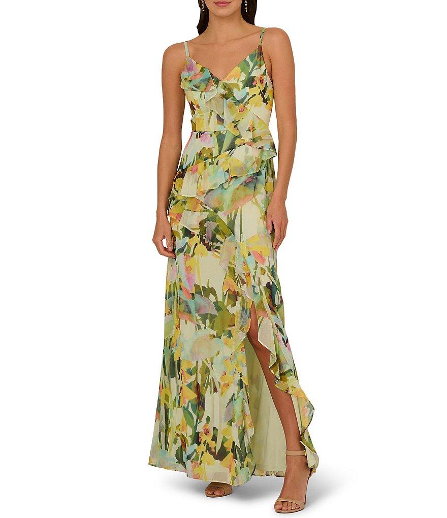 Adrianna Papell Chiffon Floral Print Ruffle V-Neck Sleeveless Ruffle Fit and Flare Gown Product Image