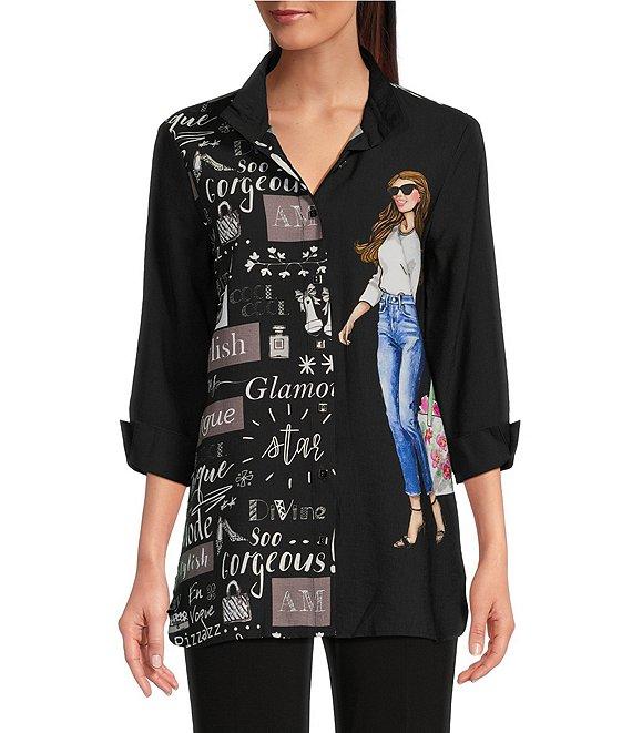 Ali Miles Woven Printed Wire Collar Neck 3/4 Sleeve Top Product Image