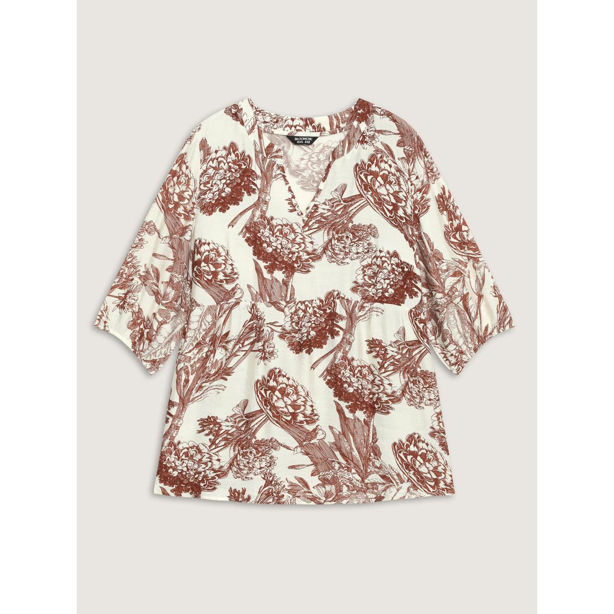 Plus Size Beige Silhouette Flower Flared Tunic Top Women Timeless Elbow-length sleeve Notched collar Elegant Blouses BloomChic 14-16/1X Product Image