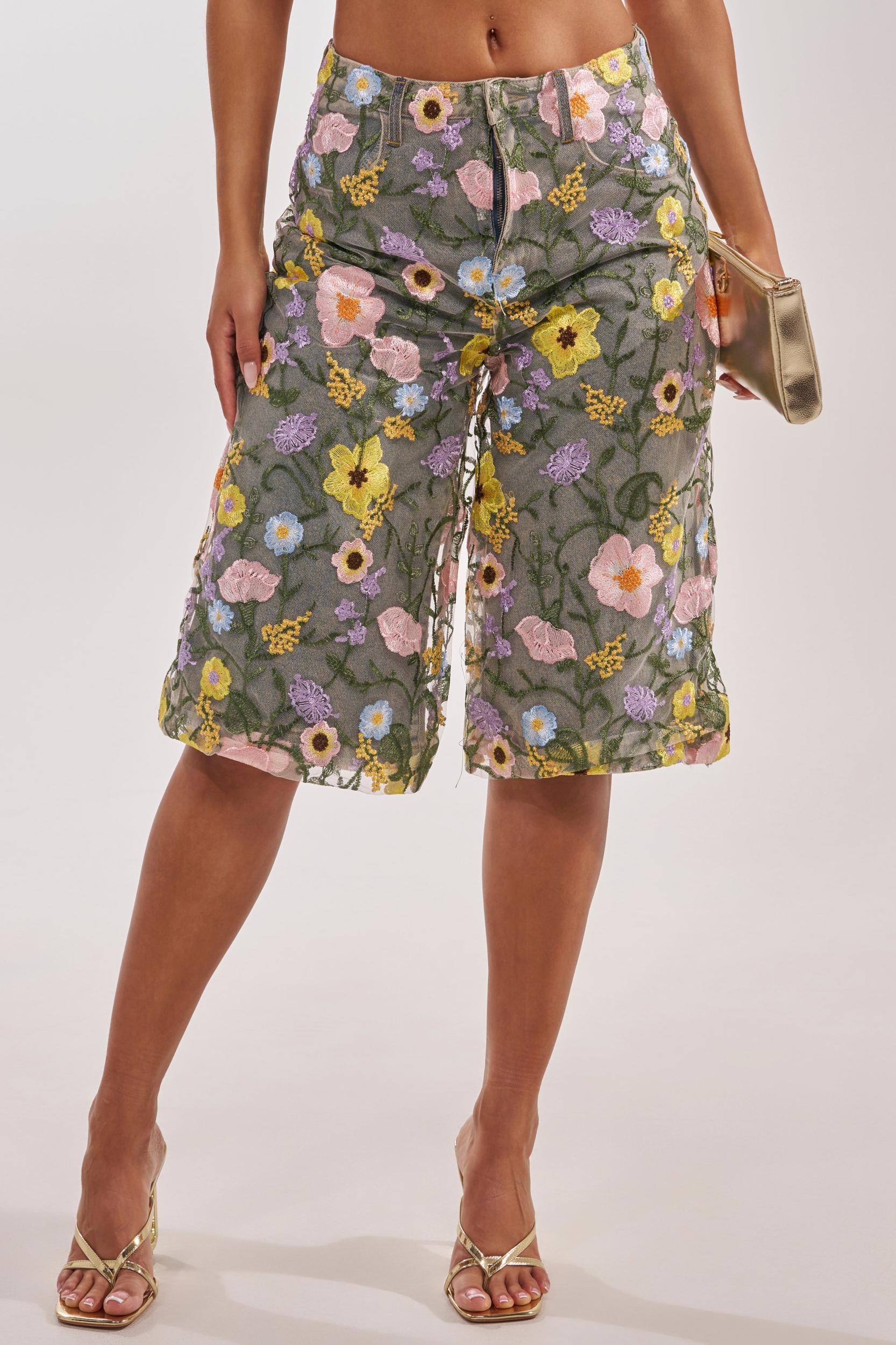 GARDEN PARTY STRETCH DENIM WITH FLORAL TULLE BERMUDA SHORTS Product Image