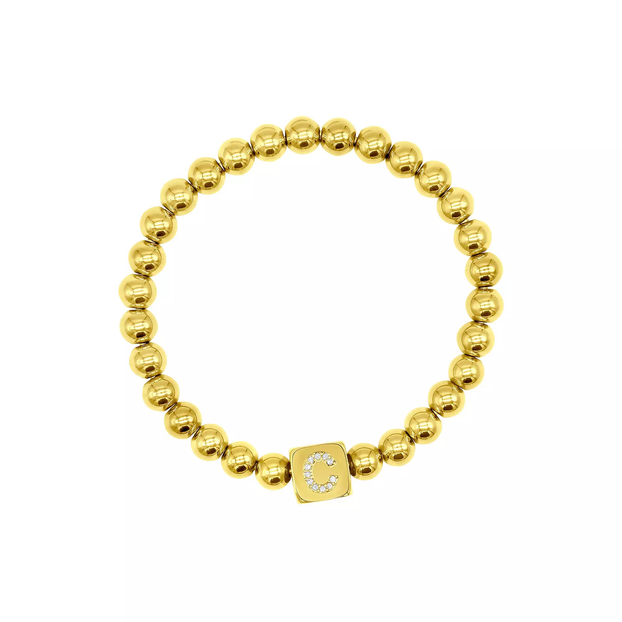 Adornia Gold Tone Initial Cubic Zirconia Cube & Bead Stretch Bracelet, Womens Product Image