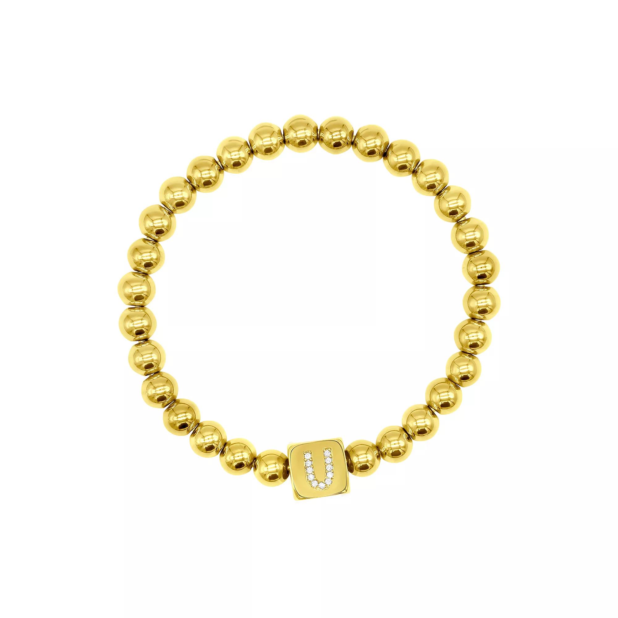 Adornia Gold Tone Initial Cubic Zirconia Cube & Bead Stretch Bracelet, Womens Product Image