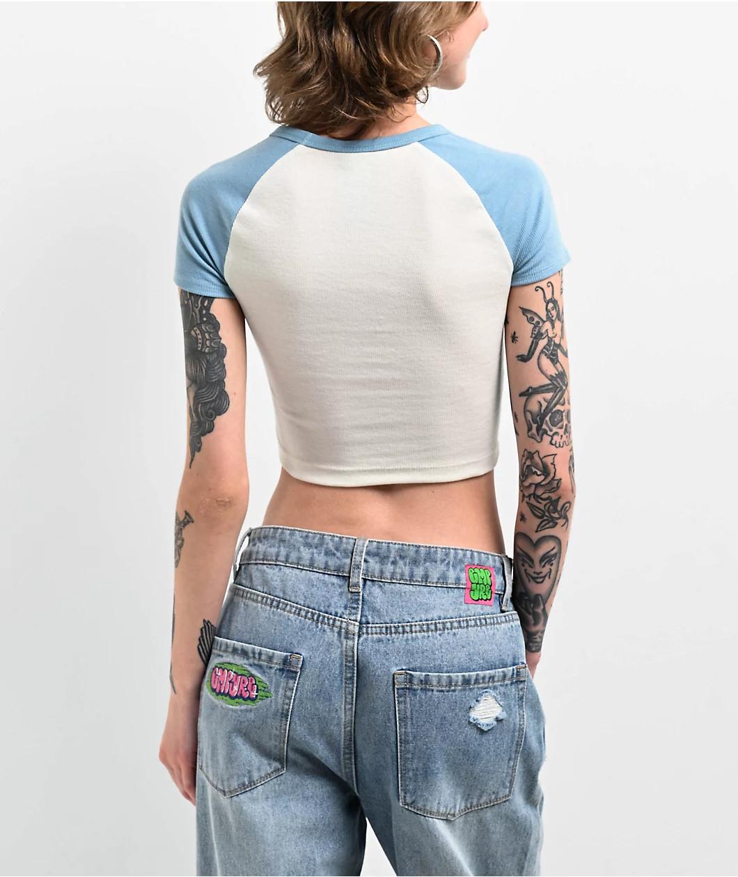 Broken Promises Manic Natural & Pastel Blue Raglan Crop T-Shirt Product Image
