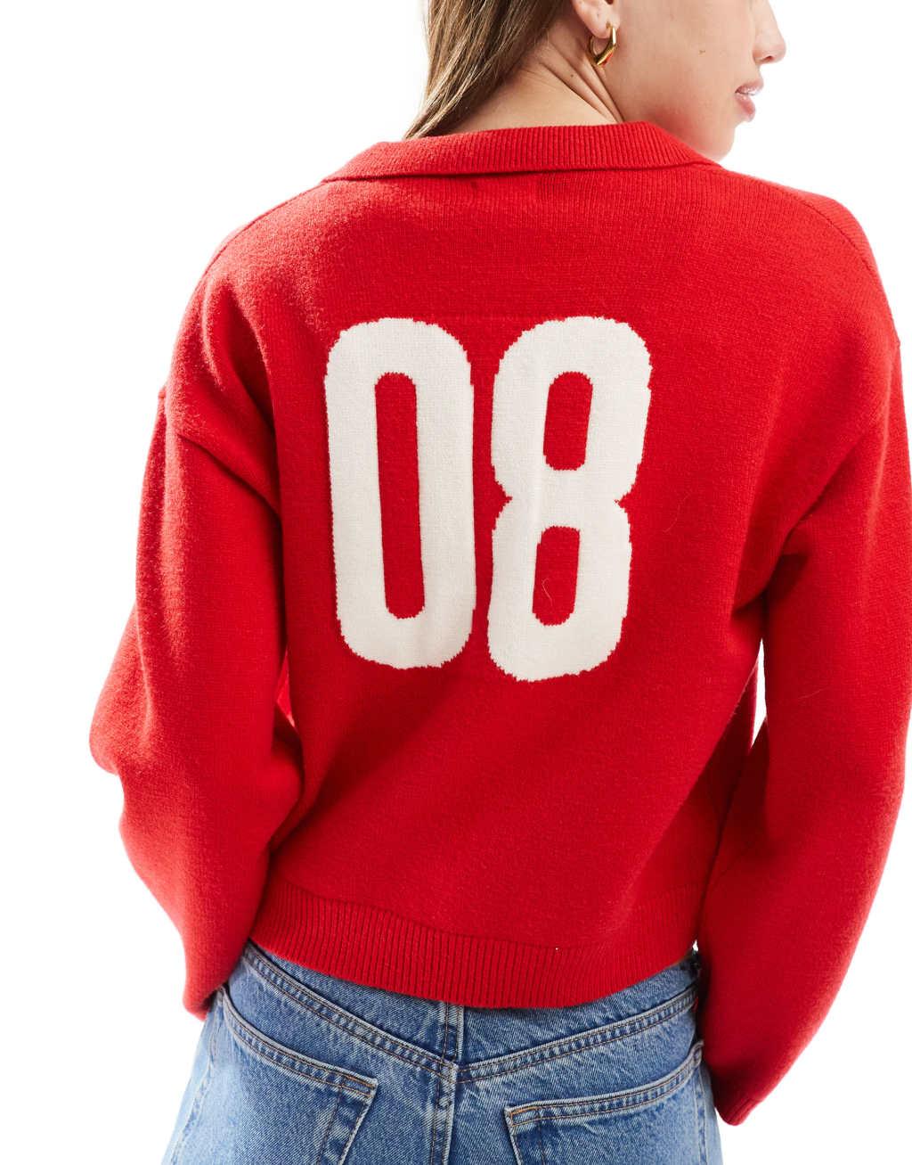 Cotton On knit v neck polo sweater with back graphic in red Product Image